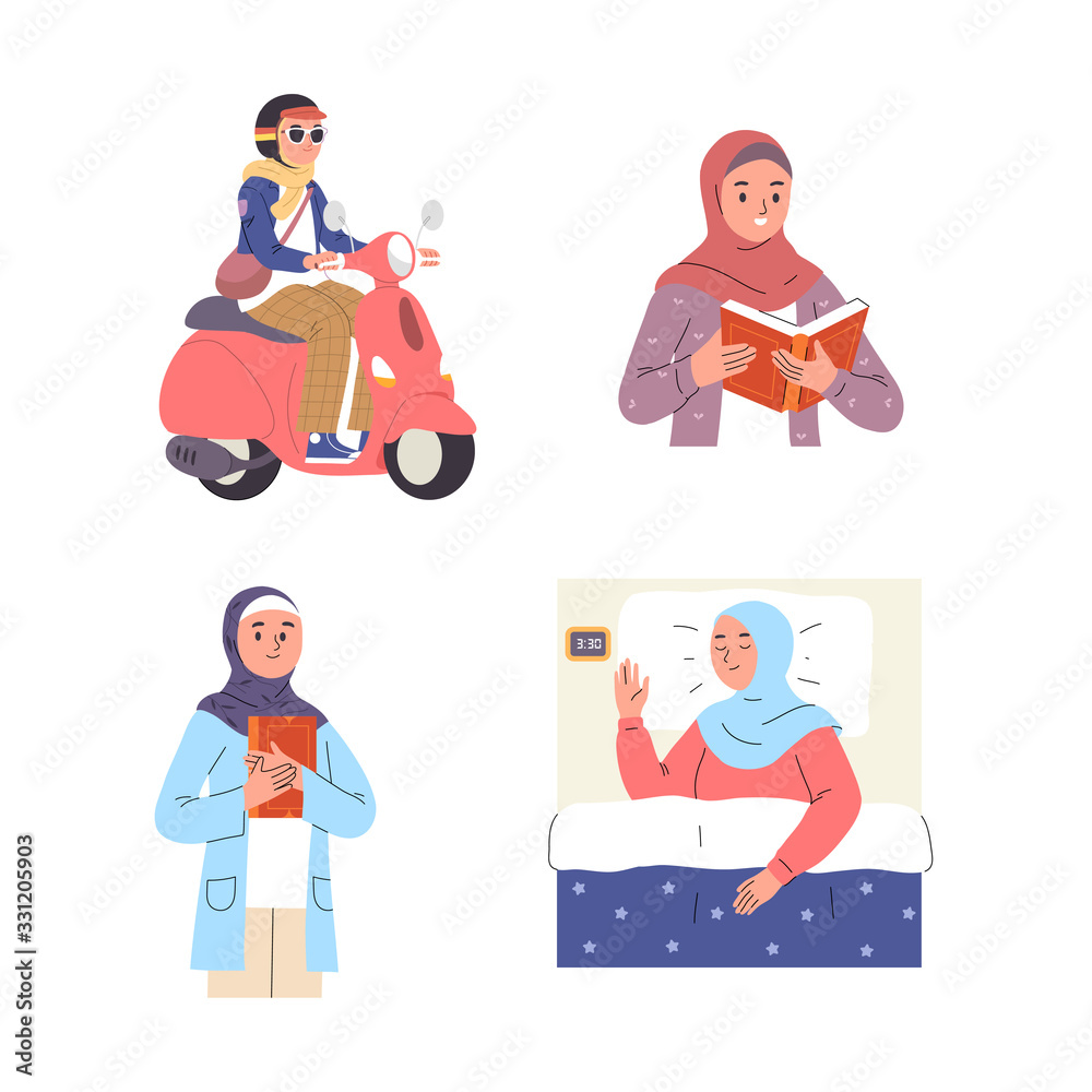 various types of activities of young women wearing hijab riding a scooter,  sleeping, reading and learning, a set of illustrations of women wearing  hijab Stock Vector | Adobe Stock