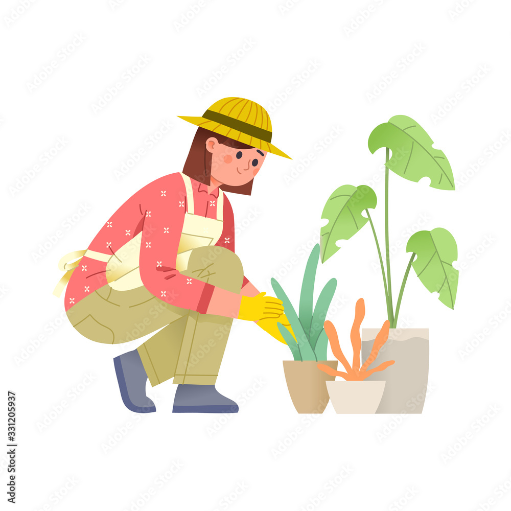 vector illustration of a young woman crouching while caring for plants or flowers in a pot, the concept of character gardening illustrations vector illustration of a young woman crouching while caring for plants or flowers in a pot, the concept of character gardening illustrations