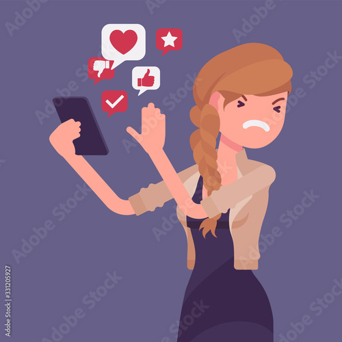 Mobile junk from smartphone annoying woman. Smart female user removing space wasting trash information cleaning his phone with application, optimizing device. Vector flat style cartoon illustration