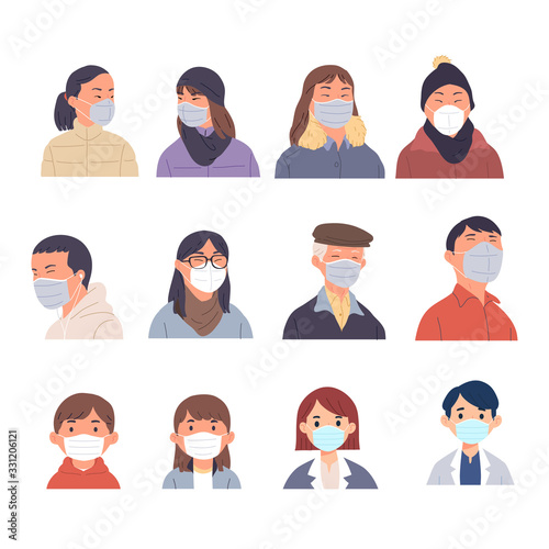 a collection of people's portrait collections using masks, a set of illustrations of people wearing masks on the face as personal protection from germs, viruses, bacteria, plague and pollution