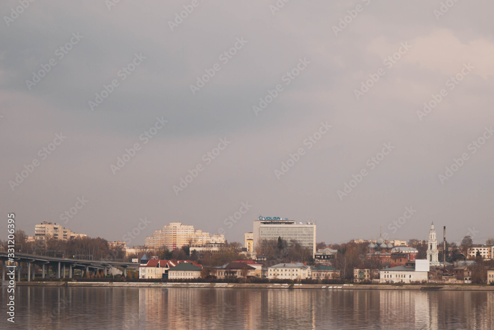 View of the town of Kostroma Russia. Bridge, hotel, Volga.