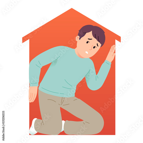 vector illustration of a young man experiencing a phobia of narrow space or claustrophobia, the concept of illustration of a man experiencing shortness of breath and fear due to being in a small and c