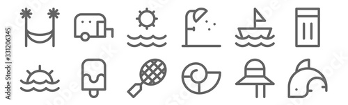 set of 12 summer holidays icons. outline thin line icons such as dolphin, seashell, popsicle, sailboat, sun, caravan