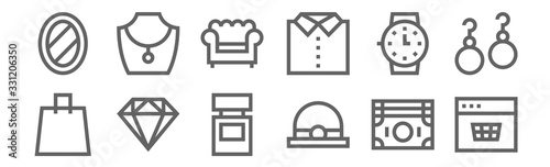 set of 12 luxury shop icons. outline thin line icons such as shop, hat, diamond, wristwatch, armchair, necklace