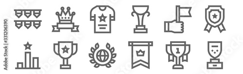 set of 12 winning icons. outline thin line icons such as award, flag, cup, flag, t shirt, winner