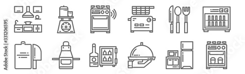 set of 12 kitchen icons. outline thin line icons such as stove, tray, apron, silverware, stove, scale