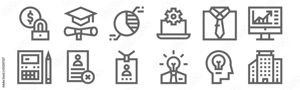 set of 12 business administration icons. outline thin line icons such ...