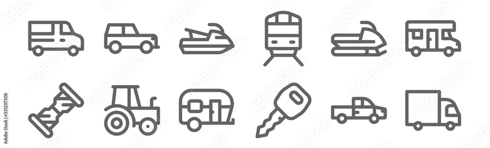 set of 12 vehicles and transport icons. outline thin line icons such as truck, car key, tractor, snowmobile, jetski, jeep - obrazy, fototapety, plakaty 