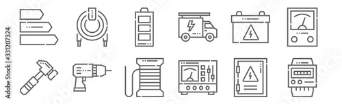 set of 12 electrician tools and icons. outline thin line icons such as electric meter, transformer, drill, accumulator, battery, cable