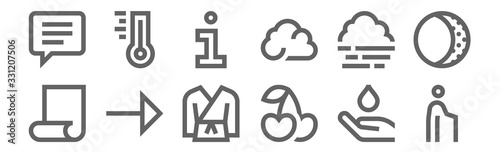 set of 12 miscellaneous icons. outline thin line icons such as elderly, cherry, right arrow, foggy, information, thermometer