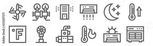 set of 12 air conditioner icons. outline thin line icons such as air conditioner, warm, fan, night, air purifier, conditioner