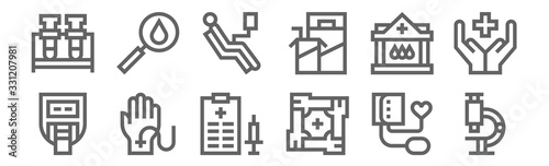 set of 12 blood donation icons. outline thin line icons such as microscope, healthcare, blood donation, blood donation, search