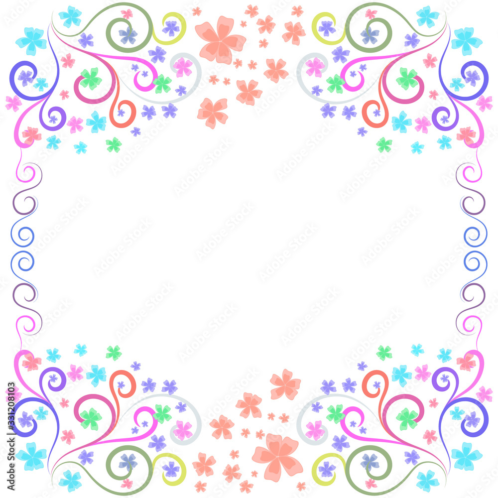 Multicolored rainbow frame of flowers and patterns for creativity