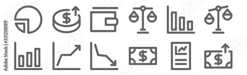 set of 12 finance icons. outline thin line icons such as spending, money, line chart, bar chart, wallet, expense