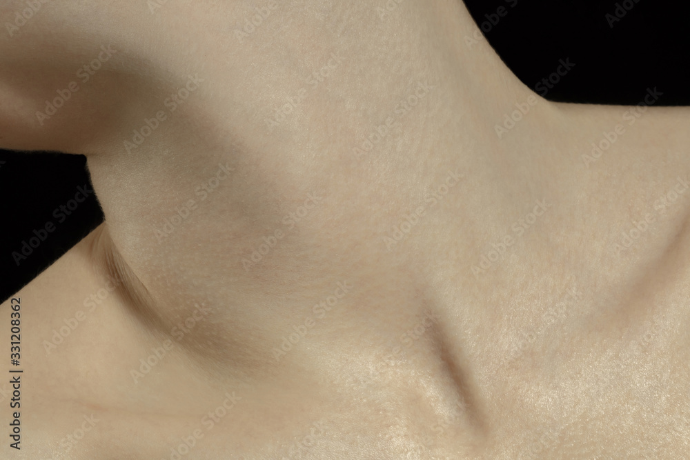 Collarbones. Detailed texture of human skin. Close up shot of young caucasian female body. Skincare, bodycare, healthcare, hygiene and medicine concept. Looks beauty and well-kept. Dermatology. Collarbones. Detailed texture of human skin. Close up shot of young caucasian female body. Skincare, bodycare, healthcare, hygiene and medicine concept. Looks beauty and well-kept. Dermatology.