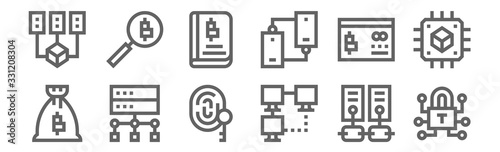 set of 12 blockchain icons. outline thin line icons such as lock, peer to peer, server, cit card, book, bitcoin