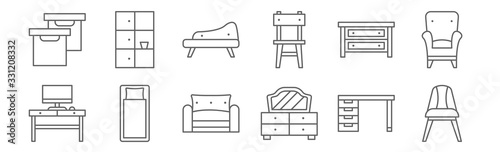 set of 12 furniture icons. outline thin line icons such as armchair, dressing table, single bed, chest of drawers, sofa, cupboard