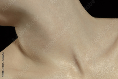 Collarbones. Detailed texture of human skin. Close up shot of young caucasian female body. Skincare  bodycare  healthcare  hygiene and medicine concept. Looks beauty and well-kept. Dermatology.