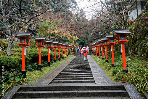 Stairs up to mountain and maple tree in Japan. Stairs in Park at Kinkaku-ji Zen Buddhist Temple in Kyoto  Japan.