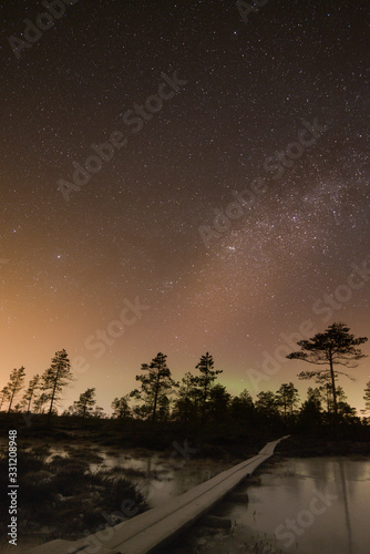 Vivid night sky over frozen lake and swamp landscape