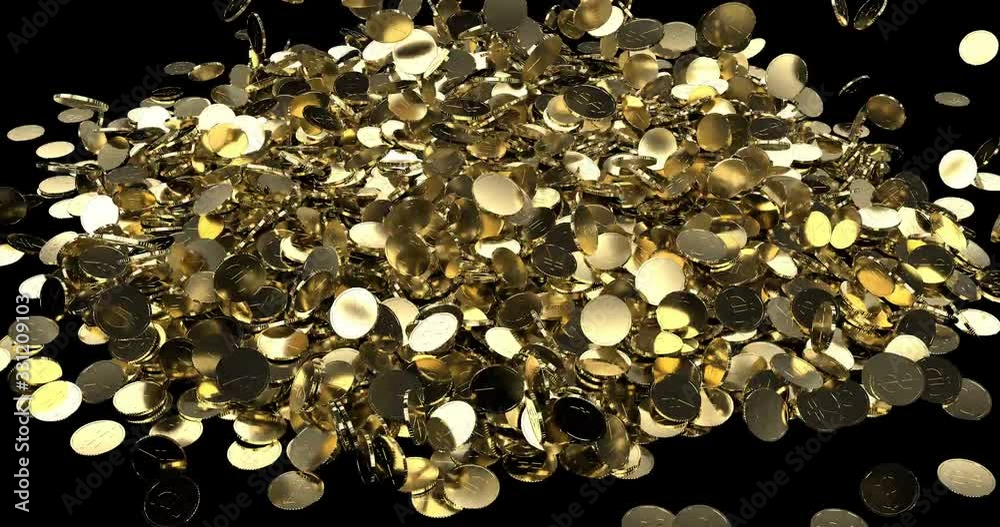 Gold coins dollars yen euro fall in a pile 4k