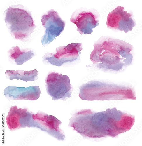 Hand drawn watercolor stain set. Vibrant blue, pink, violet and purple colors. Brush strokes, stains, blurs, spots, smears and clouds. Cotton candy and bubble gum background element isolated on white.