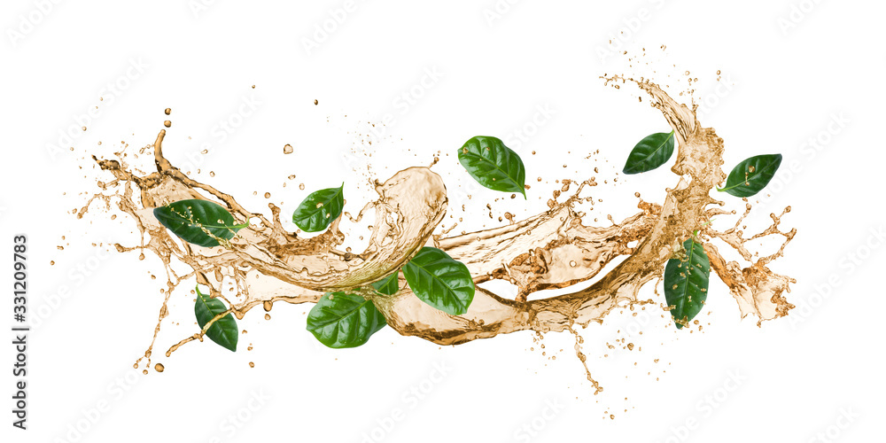 tea wave splashing with tea leaves, isolated on white. - obrazy, fototapety, plakaty 