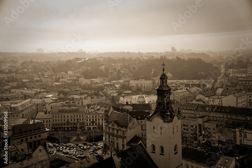 Sepia Church dome tower in Lviv, the European city of Culture