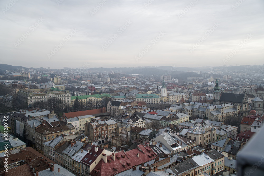 Lviv panorama. Aerial view on the old centre of Lviv in Western Ukraine, with on the left the Uspensky church and on the right the Dominican church and the Town Hall