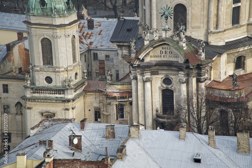 Lviv panorama. Aerial view on the old centre of Lviv in Western Ukraine, with on the left the Uspensky church and on the right the Dominican church and the Town Hall © Didi