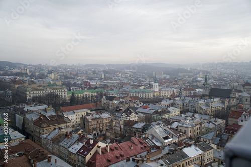Lviv panorama. Aerial view on the old centre of Lviv in Western Ukraine, with on the left the Uspensky church and on the right the Dominican church and the Town Hall