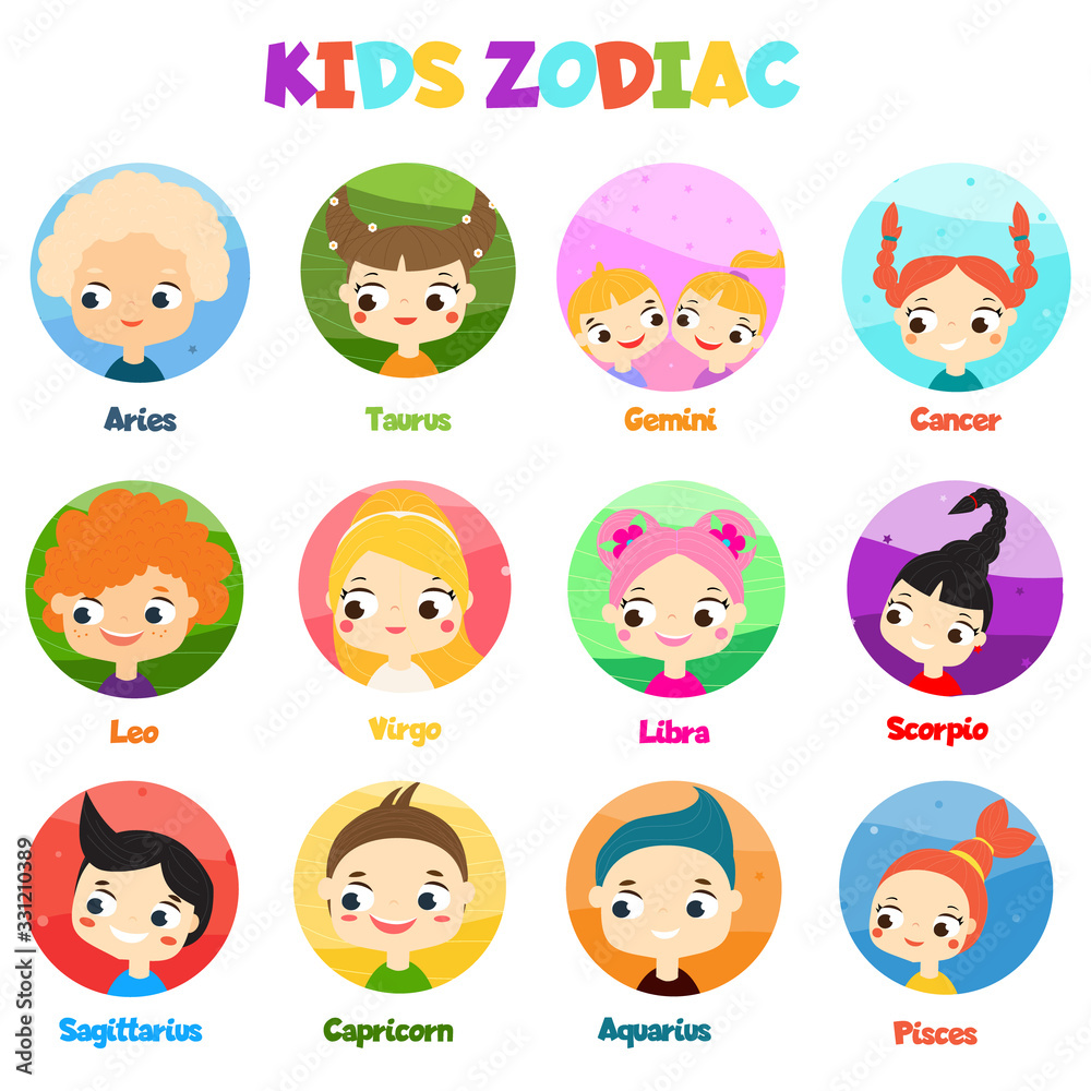 Kids zodiac signs. horoscope with children avatars. Astrological symbols in cartoon style Kids zodiac signs. horoscope with children avatars. Astrological symbols in cartoon style