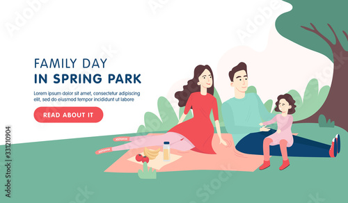 Happy family at picnic in park. Young smiling man woman and kid eating food on geen grass. Flat cartoon vector illustration. Banner, site, landing design.