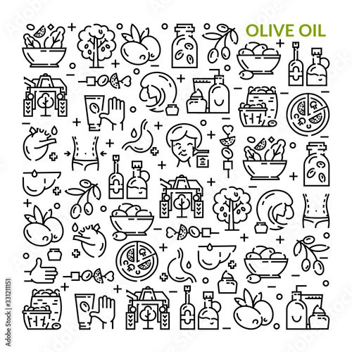 Olives. Olive oil. Set of linear icons.