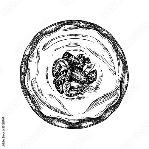 Strawberry cake sketch. Vector illustration of ink hand drawn fruit and berry baking. Homemade strawberry pie with cream drawing. Sweet bakery. Top view food.