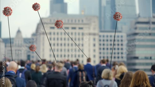 Crowd of people walking in slow motion with Coronavirus graphic animating above and pointing to individuals. In this version graphics are natural defocused.