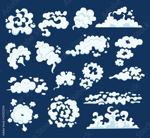 Comic smoke cloud templates. Smoking cartoon steam clouds, smoke from cigarettes, fire, fog, smoking cigarette cofee steam. Vector illustration isolated.