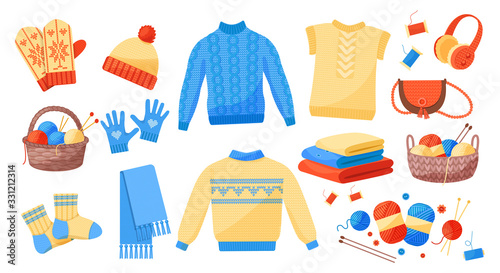 Cute winter warm knitted clothes set. Wool knitting winter clothes, knitting tools: hats, mittens, scarf, sweaters, socks, vest, jacket, knitted bag cartoon vector. Wool yarn, threads knit concept
