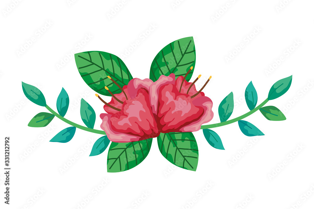 Obraz premium cute flowers red with branches and leafs isolated icon vector illustration design