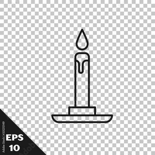 Black line Burning candle in candlestick icon isolated on transparent background. Cylindrical candle stick with burning flame. Vector Illustration