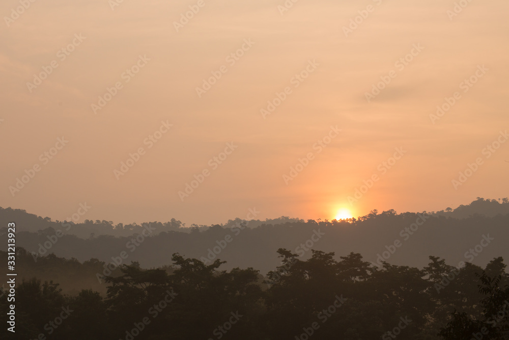 sunrise among trees with a dense fog at Jedkod-Pongkonsao Natural Study in Saraburi Thailand	