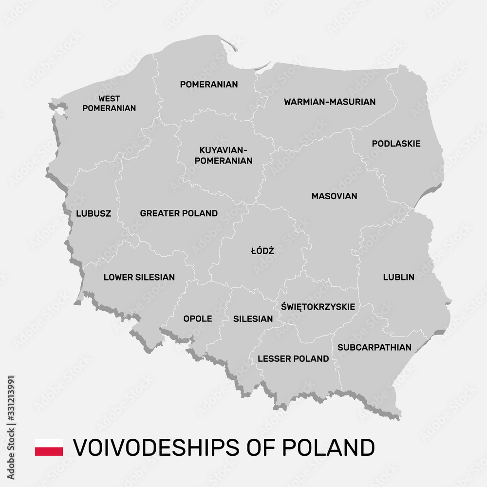Naklejka premium Map of Poland with the borders of the voivodeships. Poland flag. Silhouette or borders for geographic themes - Vector