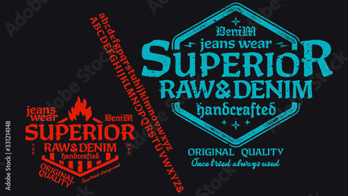 Original vintage Denim print for t-shirt or apparel. Old school vector graphic for fashion and printing.  Retro alphabet in western style , Slab Serif and serif type letters.Handmade Vintage Font 