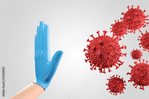 Hand in a blue medical glove is trying to stop the red coronavirus cells over white background. Concept ncov2019 influenza pandemic control. photo