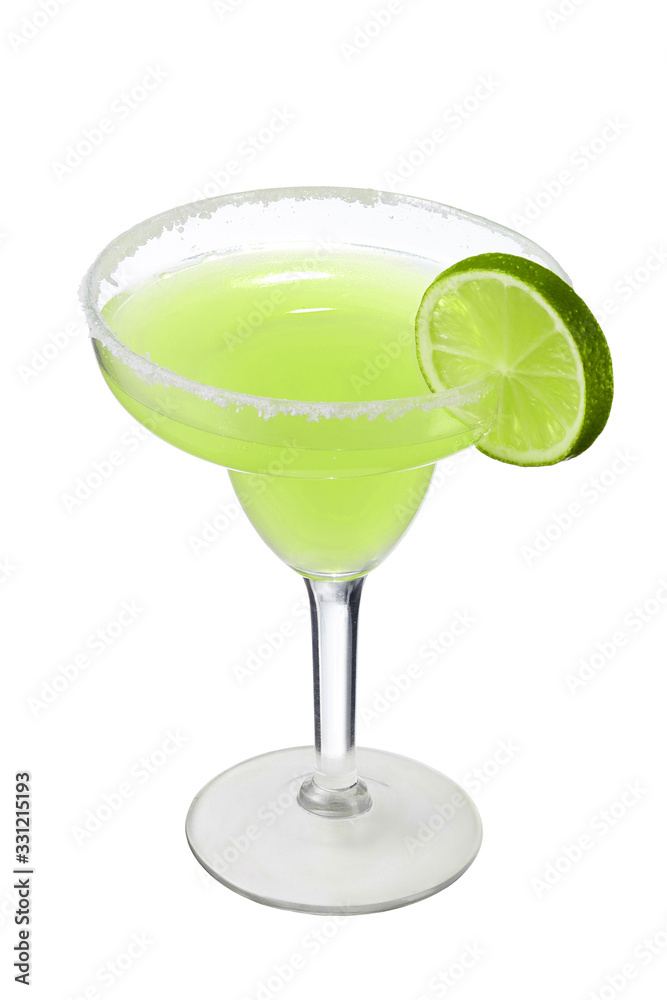 Margarita cocktail with ice cubes is contained in a margarita glass with a lime circle and salt on the rim. The showy illustrative picture is made on the white background. Margarita cocktail with ice cubes is contained in a margarita glass with a lime circle and salt on the rim. The showy illustrative picture is made on the white background.
