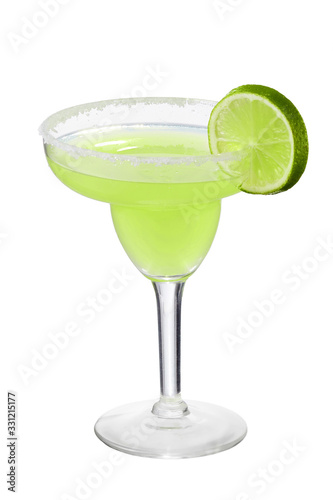 Margarita cocktail with ice cubes is contained in a margarita glass with a lime circle and salt on the rim. The showy illustrative picture is made on the white background.