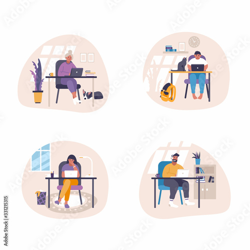 Set of flat vector illustrations - people sitting at desk with laptops and working at home. Remote job illustration concept- trending working from home idea.