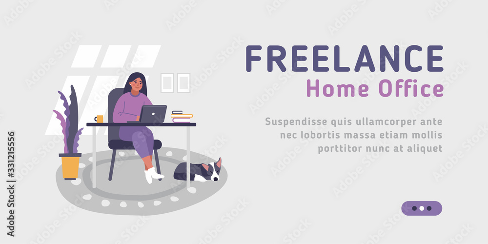 Web landing page template for freelance, work at home, online jobs and home office. Vector illustration on the grey background of young woman sitting at desk with laptop.