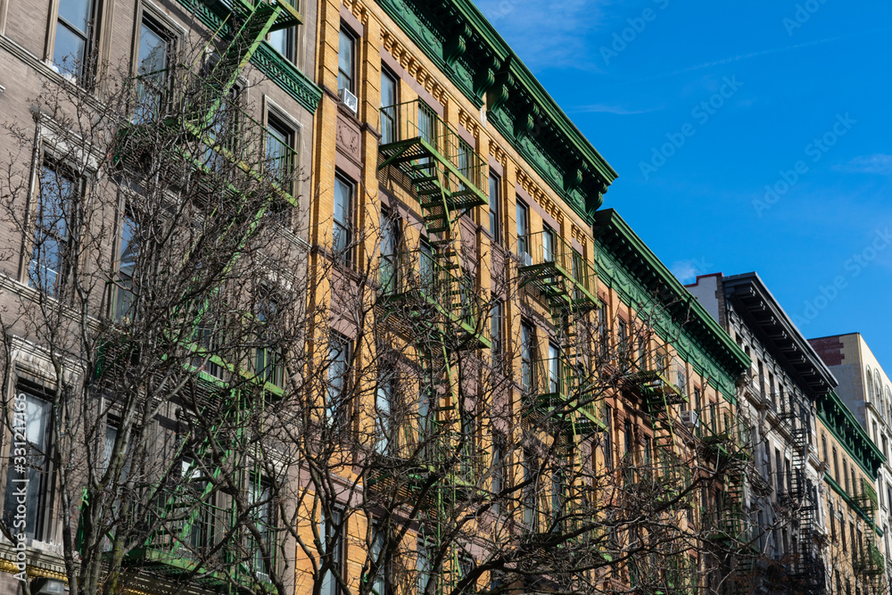 Row of Colorful Old Brick Residential Buildings in Morningside Heights of New York City