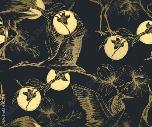 Seamless oriental pattern with golden cranes, flowers and fruits